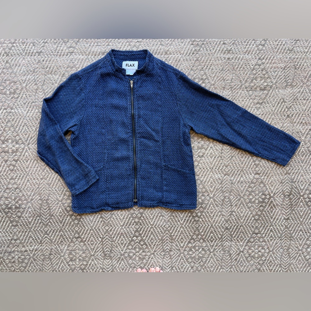 Flax Blue 100% Linen‎ Textured Full Zip Jacket Womens Petite Lagenlook